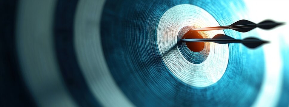 Three darts clustered in the bullseye of a blue concentric target, close-up shot conveying precision, focus and achievement
