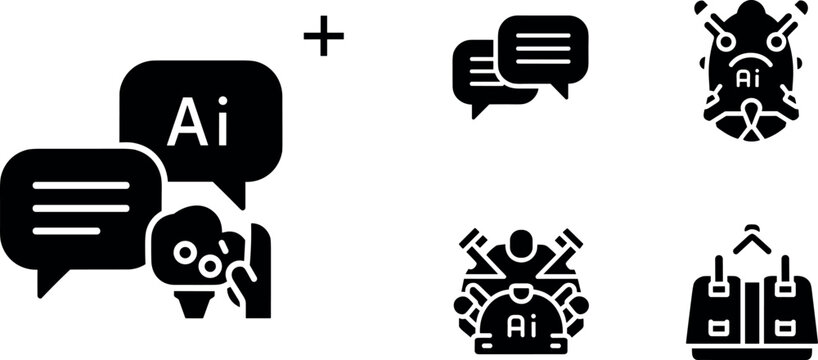 Artificial intelligence communication and problem solving icons with chatbot teamwork brainstorming and bug analysis symbols in solid vector style