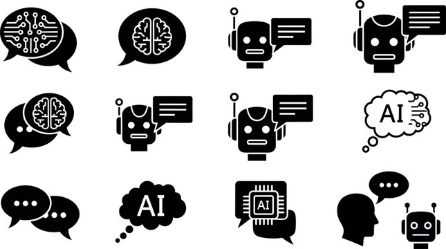 Artificial intelligence chatbot icons set flat vector collection with ai brain robot conversation and digital communication symbols