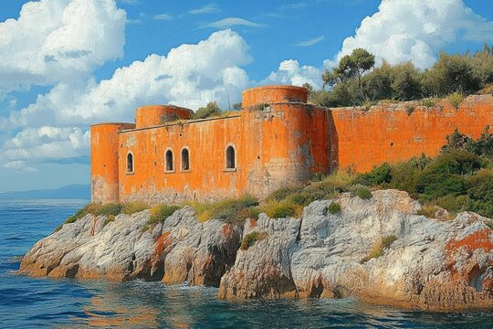 Sunlit orange stone fortress with round towers perched on a rocky cliff above calm blue sea under puffy white clouds, evoking serene timeless solitude