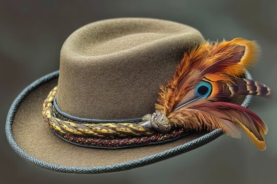 brown felt wide-brim hat with braided leather band, metal concho, and vibrant orange and peacock feather plume conveying rustic elegant charm