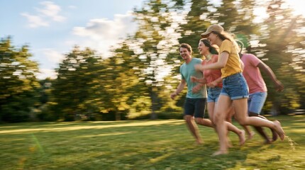 Fototapeta premium Group of Young Adult Friends Running Barefoot Through Sunny Park Grass