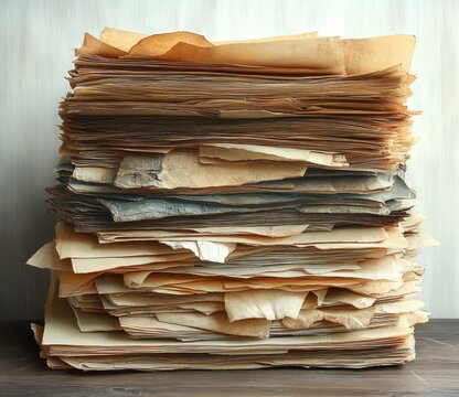 messy stack of old yellowed papers and torn documents on a wooden surface, weathered layered pages evoking nostalgia and fragile archival history