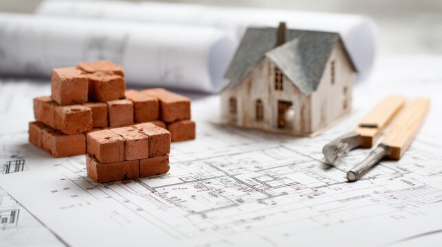 Blueprint of Dreams: A miniature house sits amidst construction tools, bricks, and architectural blueprints, representing the meticulous planning and tangible steps of building a home.