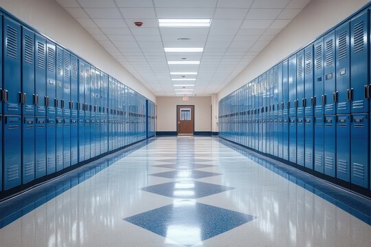 Empty symmetrical school hallway lined with blue lockers, polished patterned floor, fluorescent ceiling lights and a closed doorway at the end, conveying quiet orderly calm