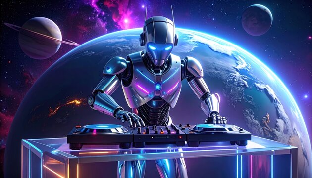 A futuristic AI robot DJ with glowing neon lights performs an energetic electronic set in the vastness of space, surrounded by planets and stars, creating a cosmic soundscape