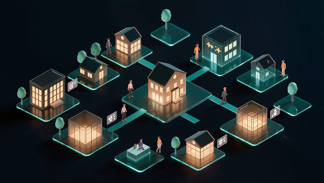 isometric 3d neighborhood network with homes, clinic, offices and connected residents, smart community infrastructure, local services ecosystem, urban planning and social care concept