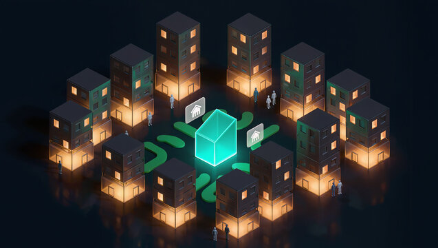 glowing 3d illustration of central housing hub surrounded by apartment buildings and residents, affordable housing system, urban residential network, property allocation and community planning concept