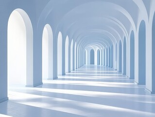 Obraz premium sunlit arched colonnade corridor with repeating white arches, vaulted ceiling and long soft shadows on a glossy pale blue floor conveying a calm, airy, serene mood