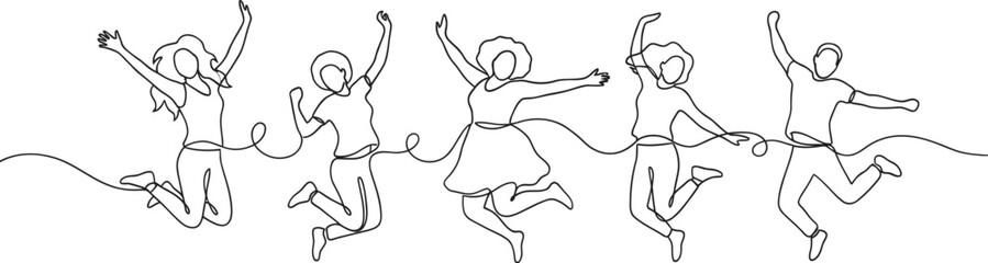 Continuous line drawing of five people jumping and playing with skipping rope together outdoors © Ranasa