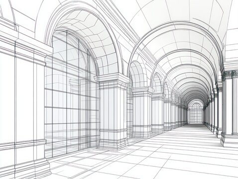 monochrome architectural sketch of a long vaulted corridor with repeating arches, classical columns and tiled floor, evoking calm and grandeur