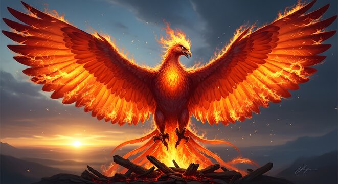 Majestic phoenix rising from embers a symbol of rebirth and immortal power in flight