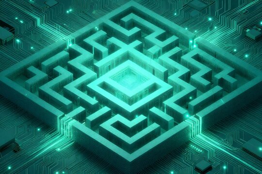 Abstract 3D digital maze with glowing teal circuit lines on dark background representing deep learning and core technology