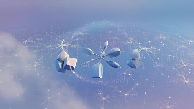 Abstract transformation of geometric shapes into a snowflake pattern over a digital neural network, representing complex data connectivity and technology.