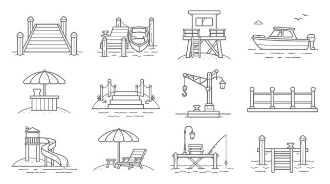 Marina Dock Beach Umbrella Boat and Lifeguard Tower Symbols for Coastal Recreation