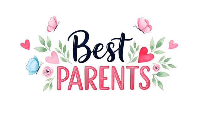 Best Parents text with watercolor hearts butterflies and floral elements image