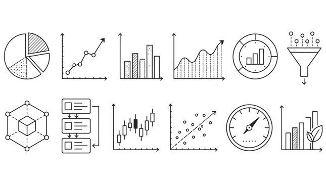 Business Data Analysis Charts and Workflow Symbols for Performance Reporting