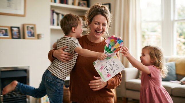 Happy Mother Receiving Handmade Card and Paper Flowers from Young Children at Home