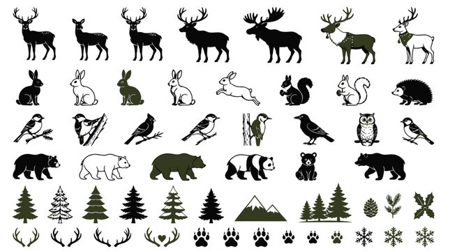 Forest Animal and Nature Symbols with Deer Bear Bird Tree Mountain and Paw Prints