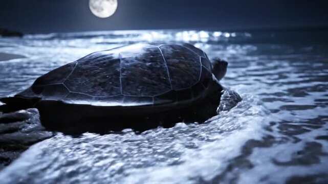 A sea turtle emerges from the ocean onto a sandy beach under the moonlight