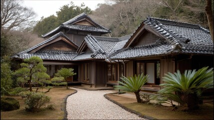 Obraz premium Serene Traditional Japanese House with Distinctive Architecture Surrounded by Lush Gardens and Gravel Path in a Tranquil Setting