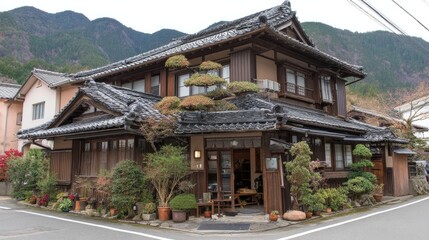 Obraz premium Traditional Japanese wooden house with beautiful garden nestled in mountainous landscape, showcasing intricate architecture and serene surroundings in autumn colors