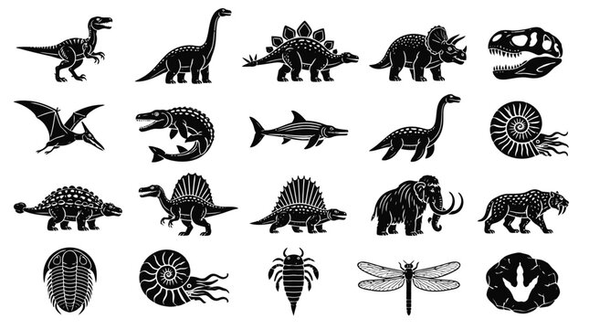 Prehistoric Dinosaur Fossil and Ancient Animal Symbols for Paleontology Education