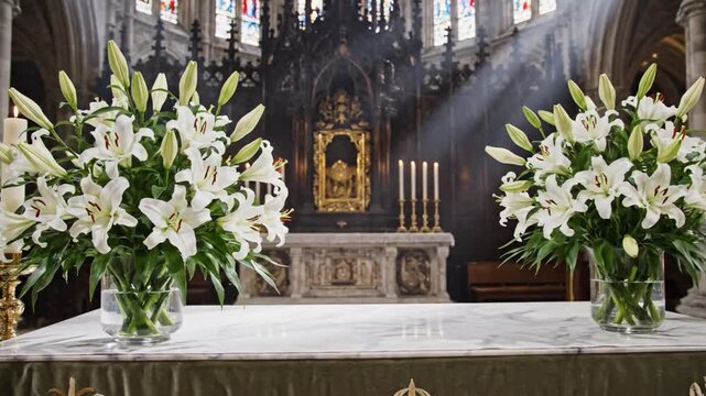 Elegant white lilies adorn a church altar with sunbeams illuminating the  sacred space