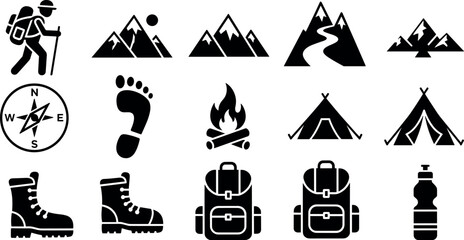 Camping and hiking adventure icon set with mountains tent backpack campfire boots compass and outdoor travel symbols solid vector illustration © MstAduri