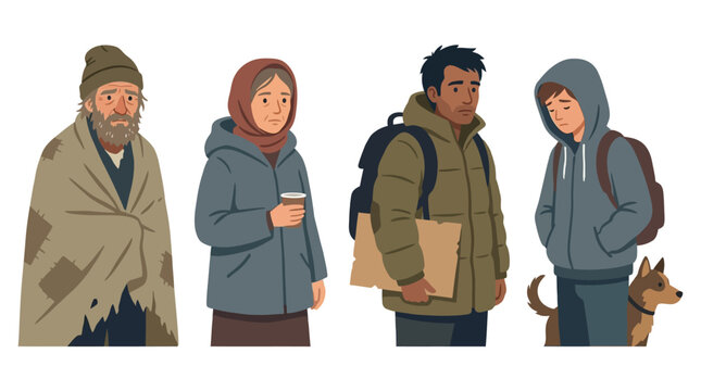 Diverse group of homeless individuals, including an older man, a woman, a young man, and a teenager with a dog, all dressed in winter clothing and appearing vulnerable.