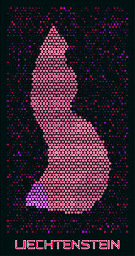 Liechtenstein digital style hexagon map. Vibrant magenta purple pink neon dotted shape. Country tiny bright hexagon cells. Liechtenstein honeycomb map design. Amazing Vector Illustration.