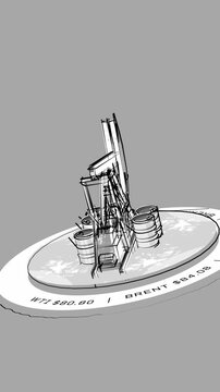  Oil Pump jack and Crude Oil Barrels 360 Hand drawn Looping Shot