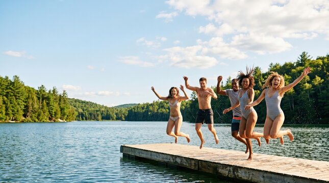Group of Young Adult Friends Jumping Off Wooden Dock into Lake Summer Vacation Fun