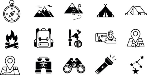 Camping and outdoor adventure icons set solid vector collection with tent backpack compass flashlight binoculars and travel symbols © MstAduri