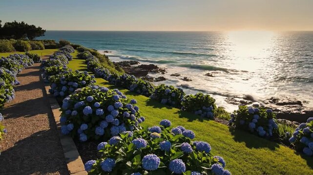 Vibrant blue hydrangeas line a garden path overlooking the sparkling ocean coastline