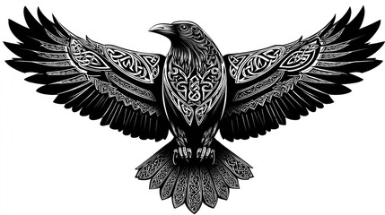 Fototapeta premium Raven Artwork with Wing Spread: This captivating artwork captures the essence of a raven, wings elegantly outstretched.