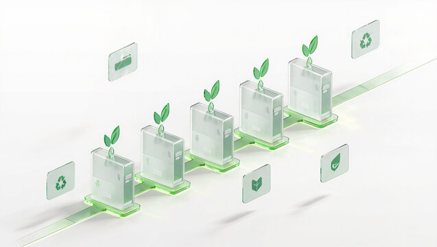sustainable product lifecycle illustration with a row of eco friendly devices growing leaves, green technology evolution, circular electronics and recyclable innovation concept