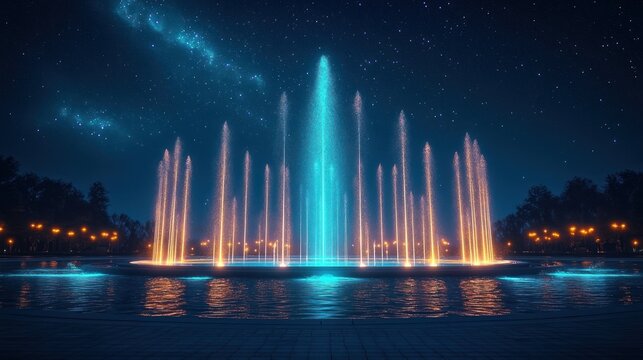 Symmetrical illuminated water fountain at night with a bright blue central jet and golden peripheral streams reflecting on a calm pool under a starry sky, evoking a serene magical mood