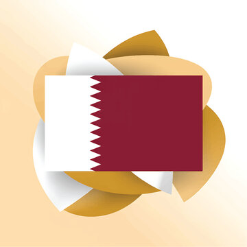 National flag of Qatar with a white serrated edge on a maroon field, layered over abstract shapes