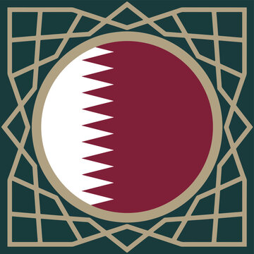 Circular Qatar flag centered on a dark green background, with a beige, geometric Islamic star