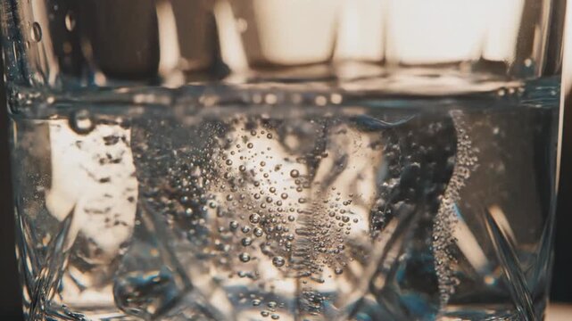 Clear liquid being poured into a textured glass with water bubbles