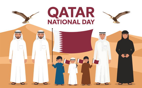 Qatar national day with Qatari men, children holding flags, and falcons in the desert arab