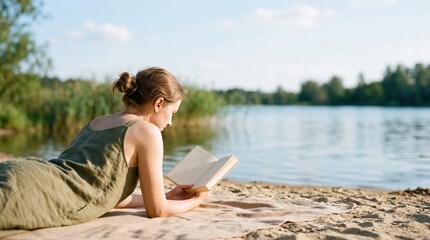 Fototapeta premium Young woman reading a book while relaxing on a sandy beach by a calm lake in summer