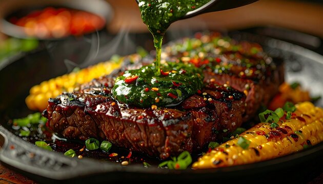 Succulent Steak: A close-up shot captures the allure of a juicy steak glistening with flavorful sauces on a hot cast iron pan, complete with sweet corn