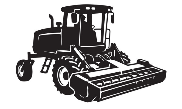 Windrower silhouette, hay cutting machine, agriculture field, vector isolated on white