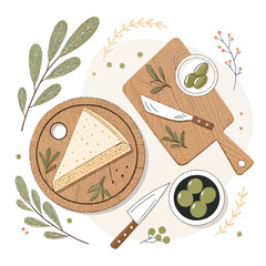 Sophisticated cheese platter with olives and kitchen knives on wooden boards.