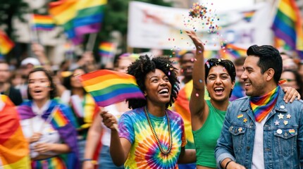 Fototapeta premium Diverse Young Adults Celebrating Pride Parade with Rainbow Flags and Confetti