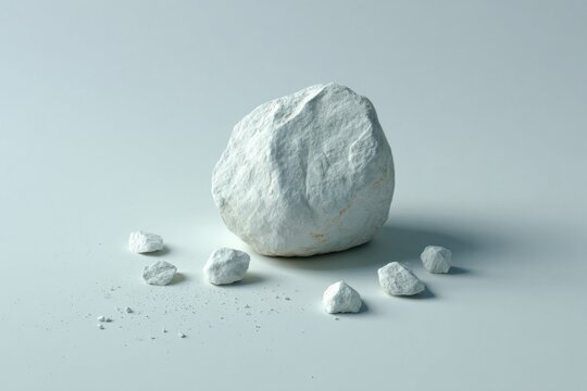 A Single White Rock with Small Fragments on a Light Blue Background.
