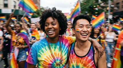 Naklejka premium Diverse Young Couple Celebrating Pride Parade with Rainbow Flags and Tie Dye Shirts