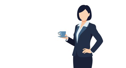 A professional woman dressed in a dark business suit stands holding a blue cup of coffee against a plain white background. © Violet